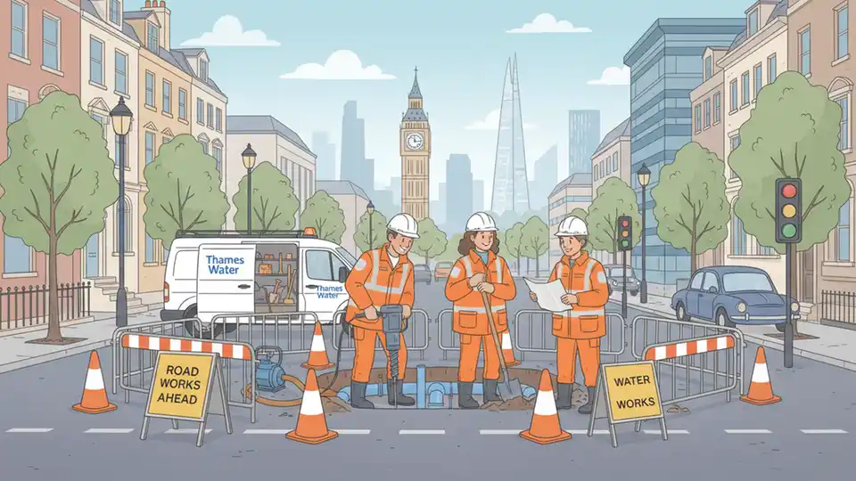 Thames Water utility workers performing emergency roadwork with traffic cones and equipment on London street