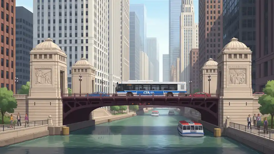 Michigan Avenue Bridge over Chicago River with CTA bus approaching in downtown Chicago