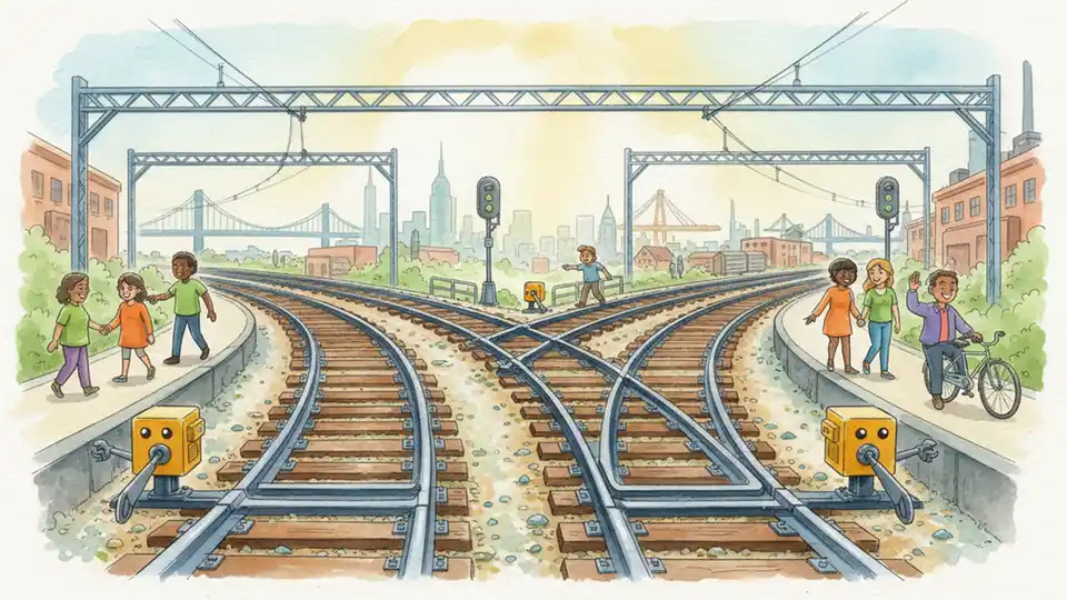 Railroad switch equipment and track junction showing rail infrastructure components that control train routing between tracks