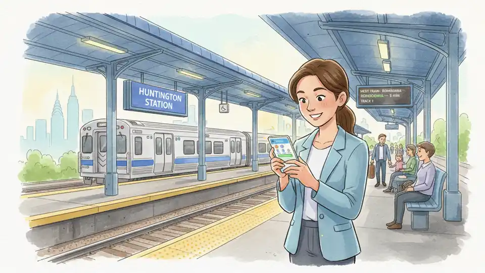 Passenger using smartphone to check transit accessibility information at LIRR station platform