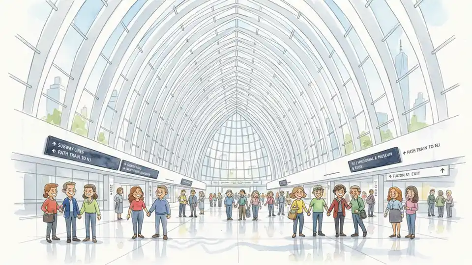 Interior view of WTC Oculus showing white ribbed ceiling architecture and transit corridor with directional signage