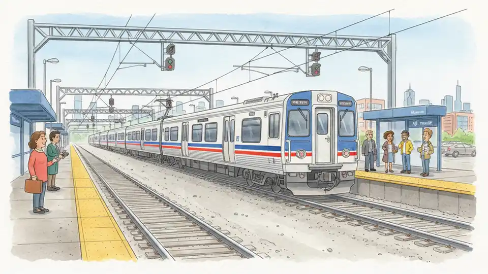 NJ TRANSIT Northeast Corridor train approaching station with track infrastructure visible