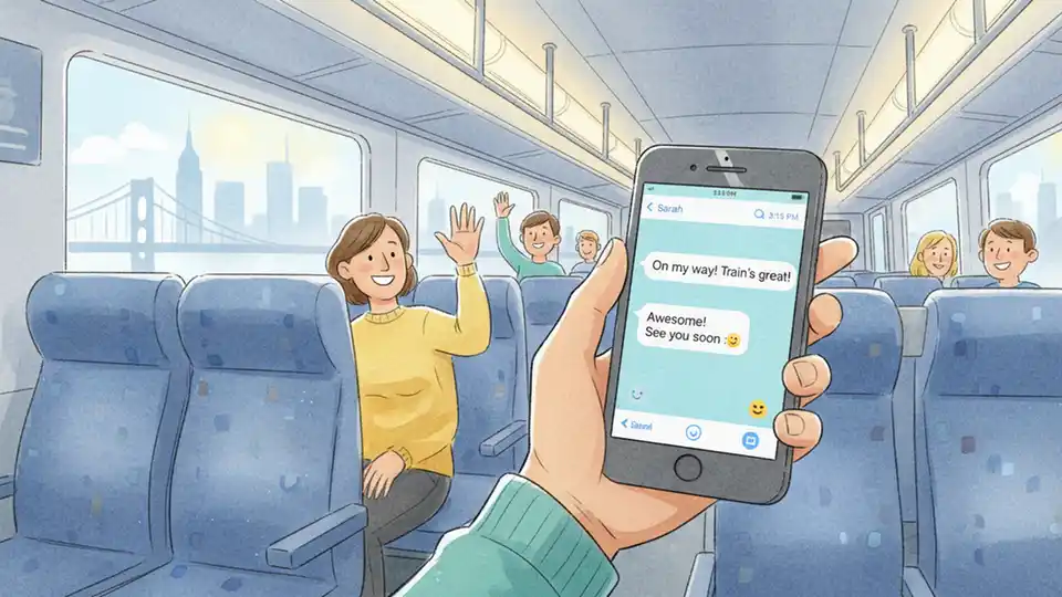 Close-up of passenger's hand holding smartphone with text message screen visible on NJ Transit train