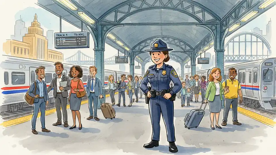 NJ Transit police officer standing at busy Newark Penn Station platform with passengers in background