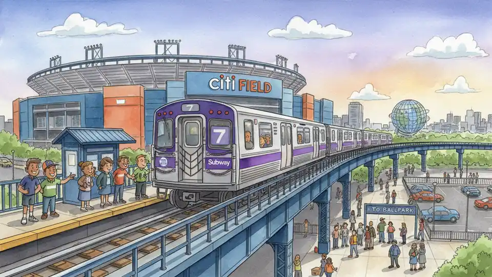 Subway 7 train approaching Citi Field station in Queens with baseball stadium visible in background