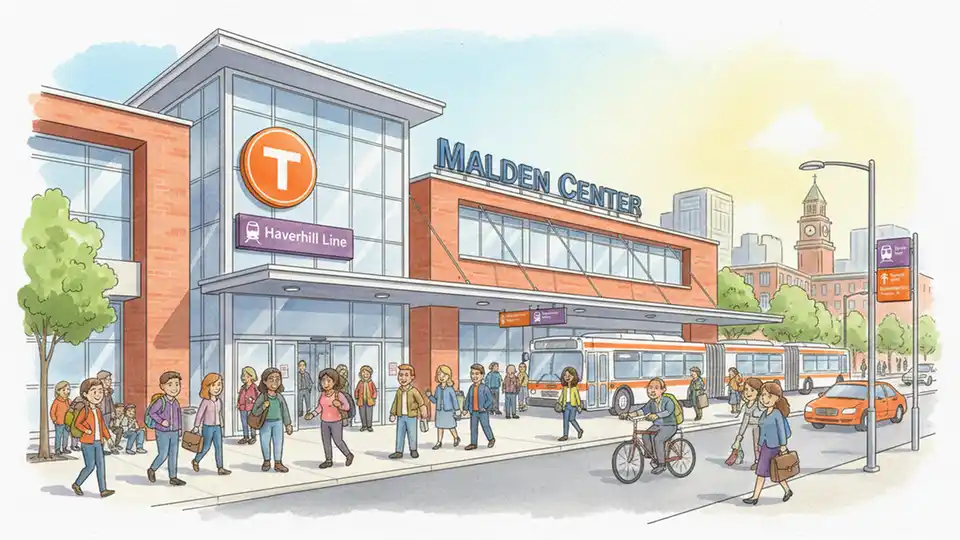 MBTA Malden Center station exterior showing both Orange Line and Commuter Rail signage, illustrating the multi-modal transit hub affected by service changes