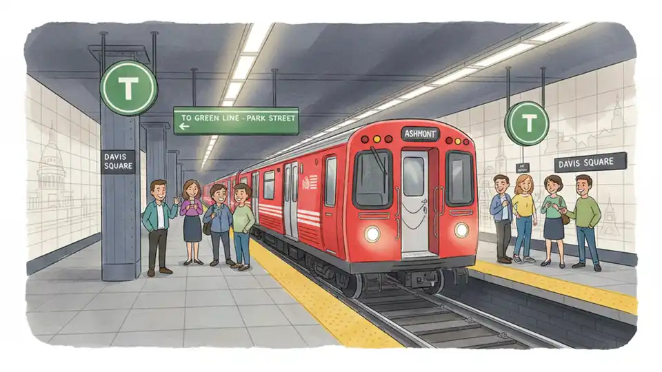 MBTA Red Line train approaching station platform with Green Line connection signage visible