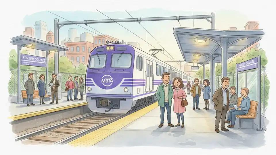 MBTA commuter rail train at Porter Square station platform with passengers waiting