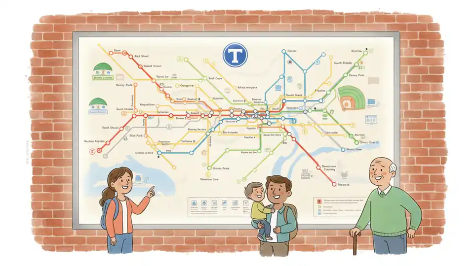 MBTA bus and subway map display showing system routes and connections