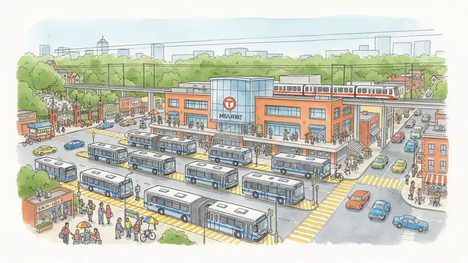 Forest Hills MBTA station area with bus terminal and surrounding Boston neighborhoods