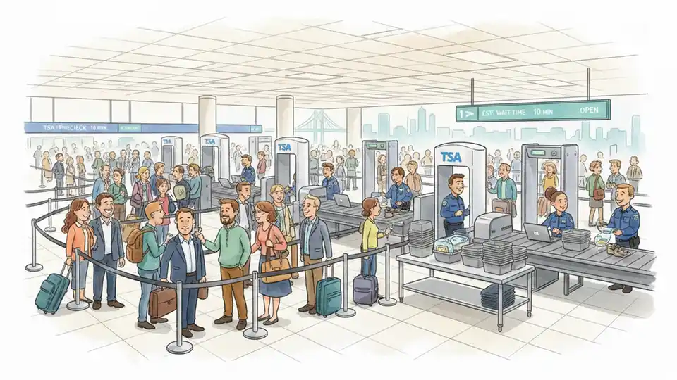Long passenger lines at airport security checkpoint with TSA screening equipment and waiting travelers