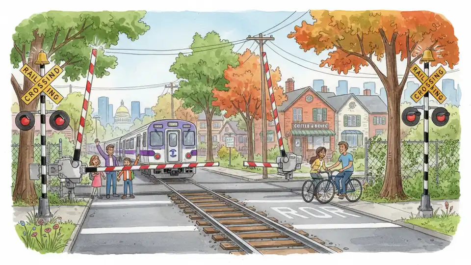 Railroad grade crossing with warning gates and signals, commuter rail tracks intersecting with roadway, safety equipment and crossing protection visible, suburban setting