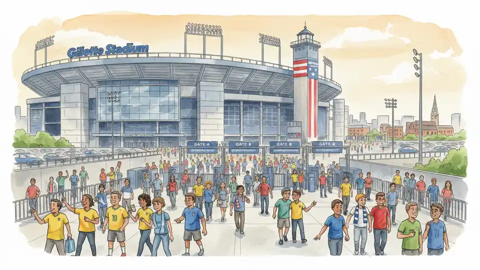 Gillette Stadium exterior with crowds arriving for international soccer match, showing stadium entrance gates and pedestrian walkways