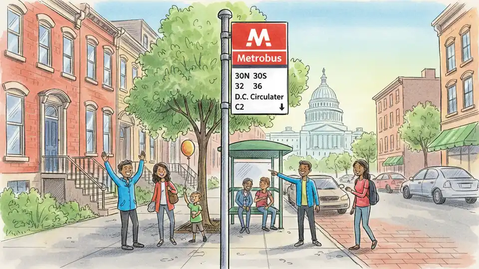 WMATA bus stop sign with route numbers in Washington DC neighborhood