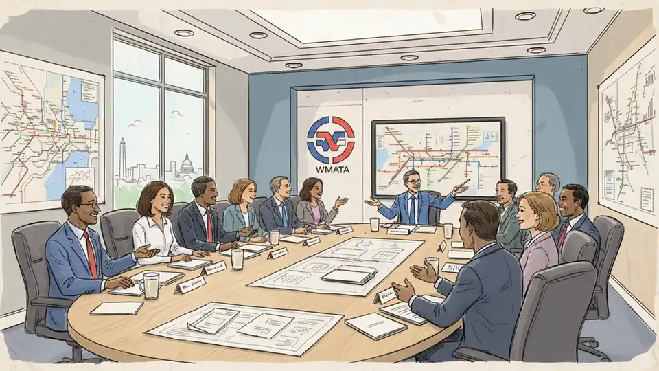 Metro Board meeting room with officials reviewing budget documents and transit system maps