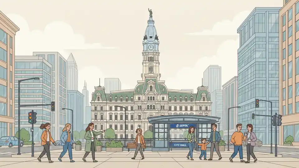 City Hall Philadelphia exterior with SEPTA station entrance visible