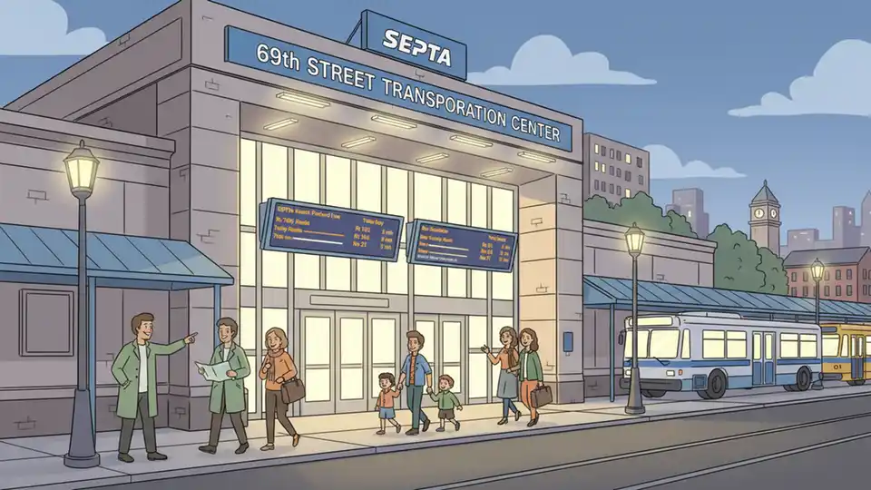 69th Street Transit Center exterior at night showing main entrance and transit information displays