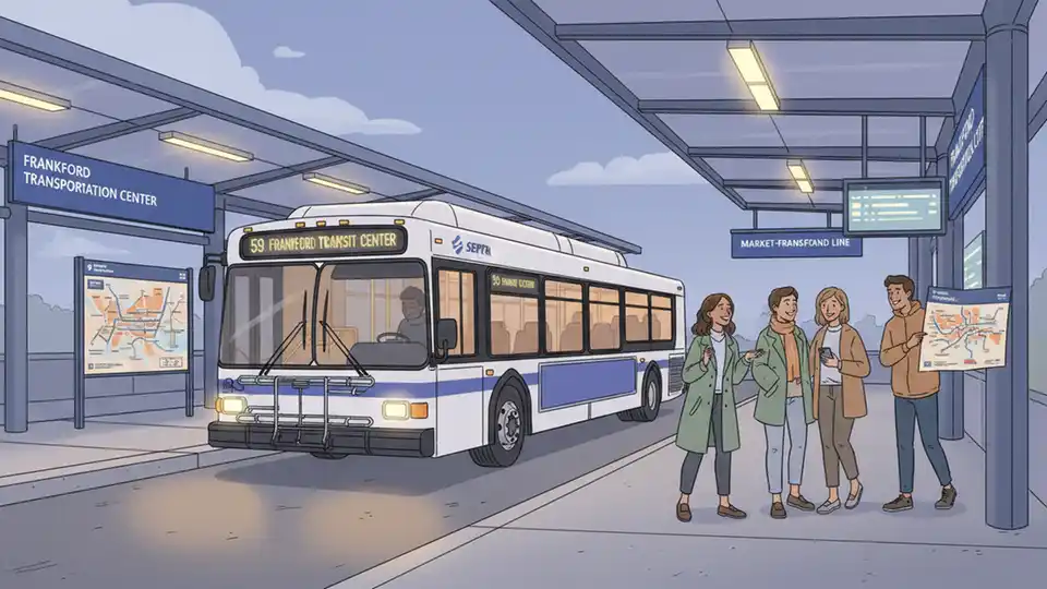 SEPTA bus at Frankford Transit Center platform during evening hours with illuminated station signage visible in background