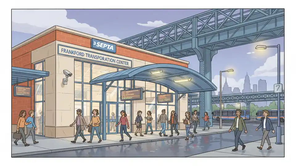 Frankford Transit Center exterior at night showing main entrance and passenger waiting area with transit schedule displays