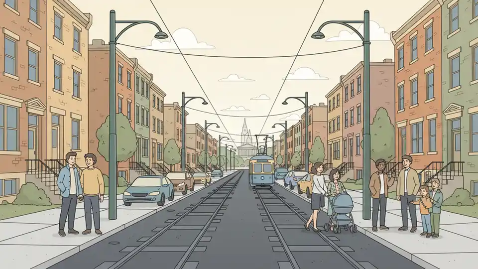 Chester Avenue trolley tracks with overhead wires and urban street view