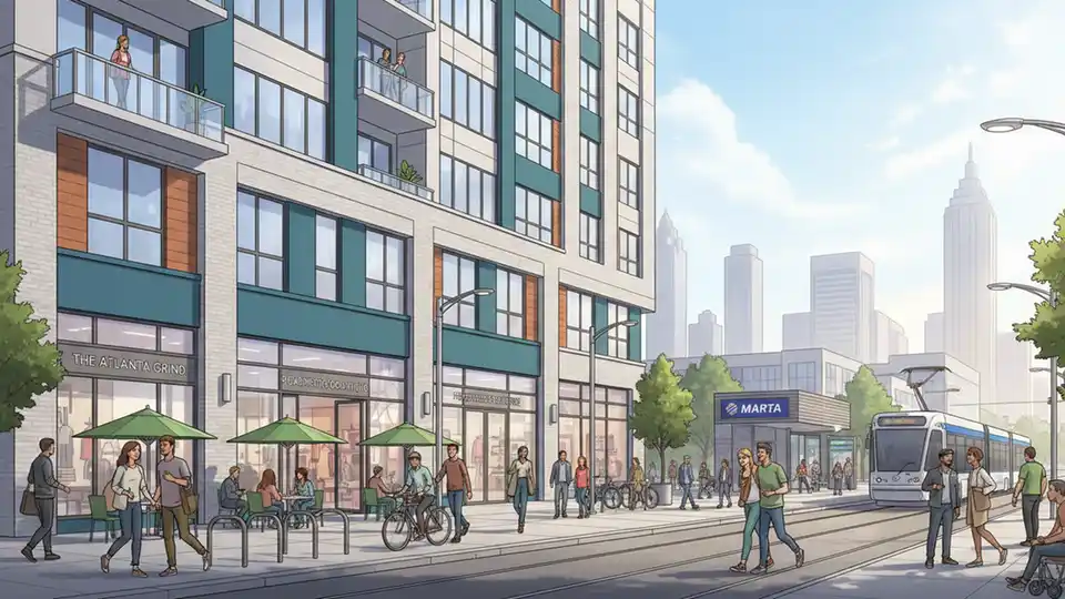 Ground-floor retail storefronts at modern apartment building with pedestrians walking near transit-accessible downtown location, showing mixed-use urban development
