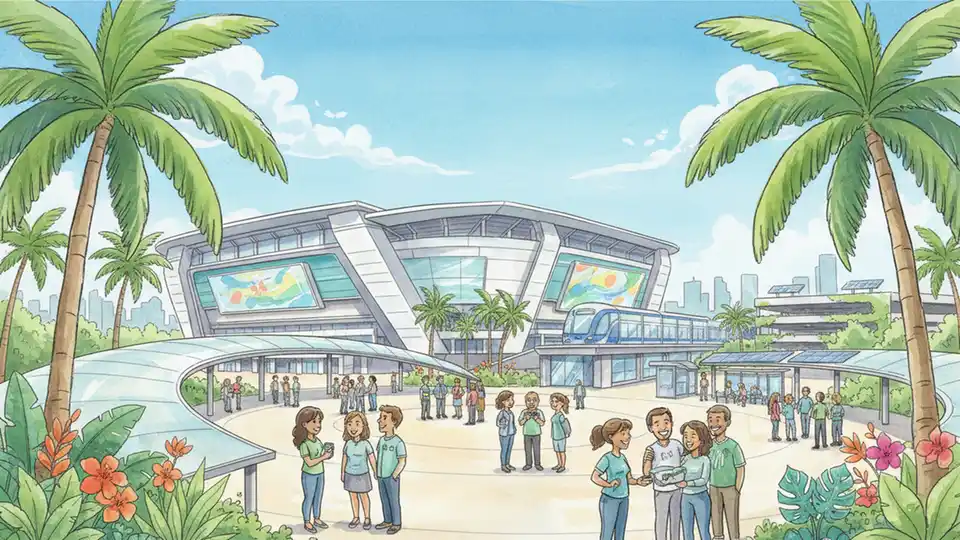 Nu Stadium exterior view showing modern soccer venue with transit access nearby