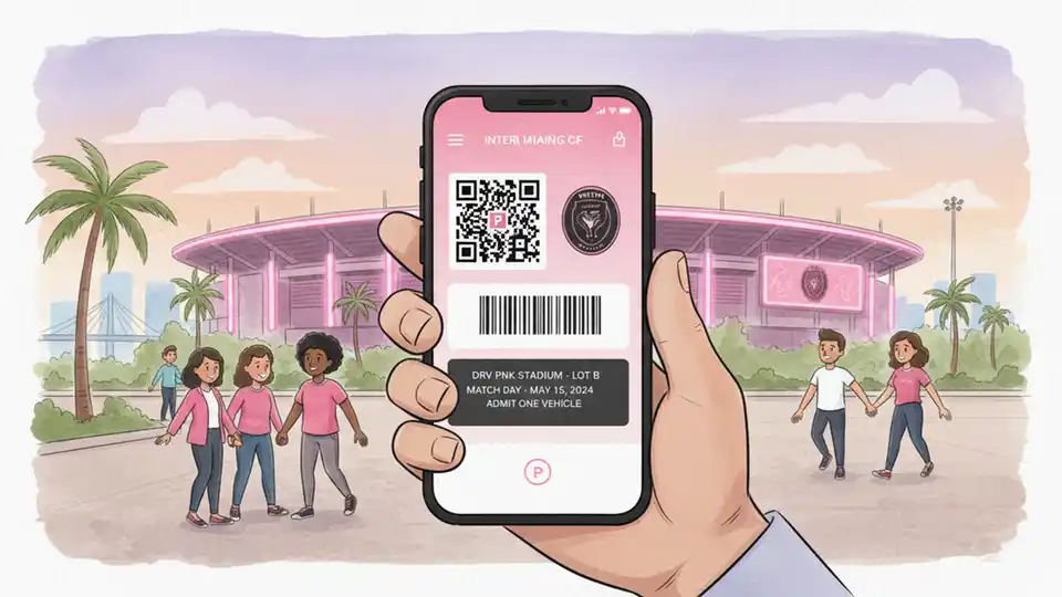 Close-up of smartphone displaying Inter Miami CF mobile app parking pass interface, hand holding phone, stadium visible in blurred background, clear view of digital parking pass screen