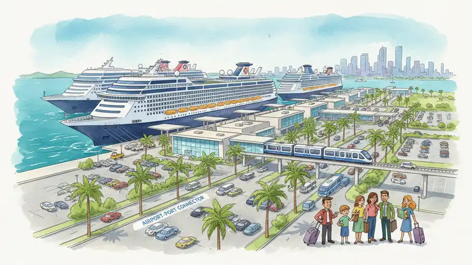 PortMiami cruise terminal with multiple cruise ships docked, showing the destination point for proposed rail extension from Miami International Airport