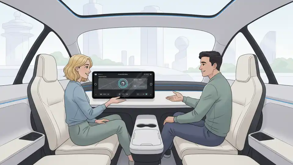 Tesla Cybercab interior showing 21-inch touchscreen and minimalist cabin design without steering wheel