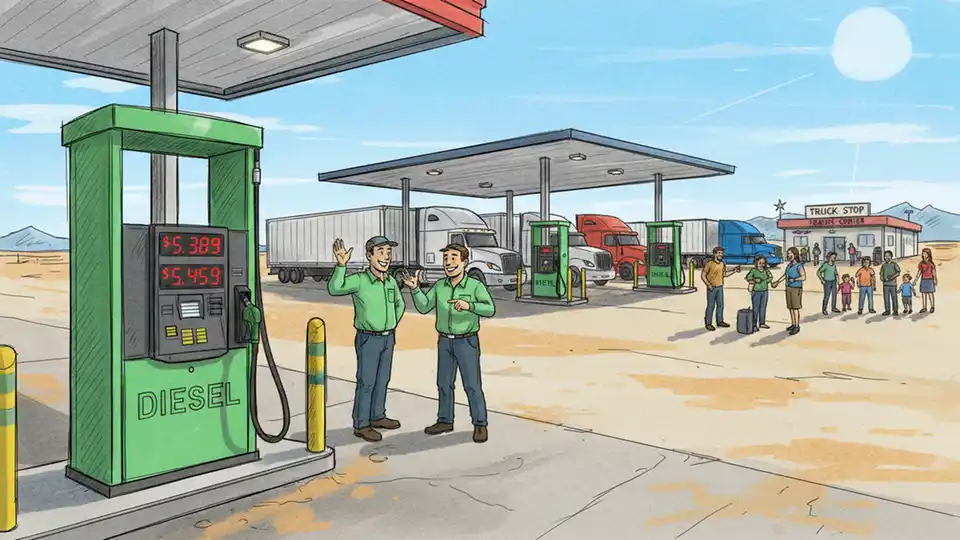 Diesel fuel pump display showing prices above $5 per gallon at El Paso truck stop with commercial freight trucks in background