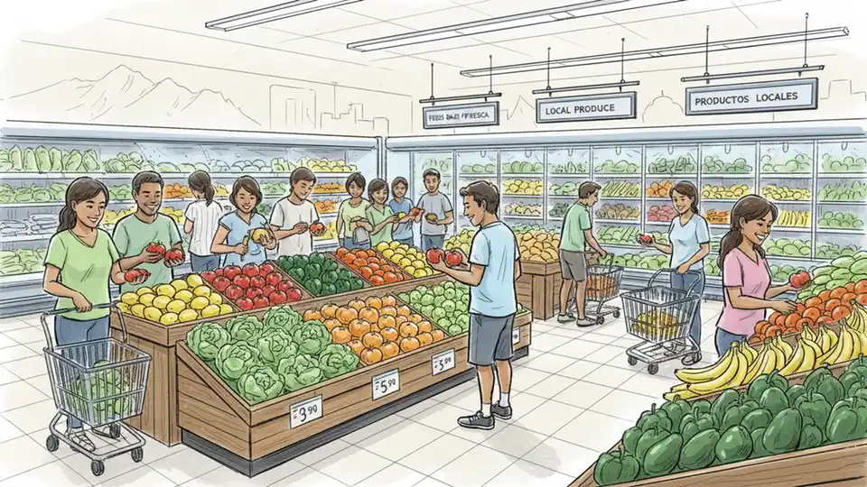 Grocery store produce section in El Paso with shoppers examining prices on fresh fruits and vegetables