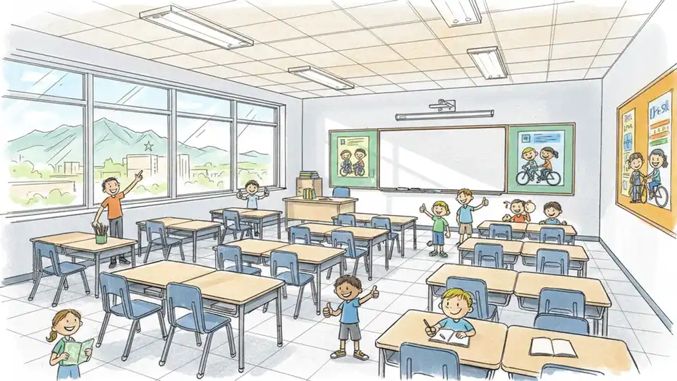 Empty classroom with desks and chairs in El Paso school district facility showing underutilized space