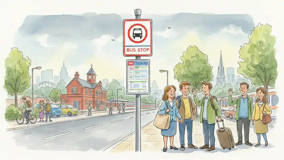 Bus stop sign at Frodsham or Helsby station with passengers waiting