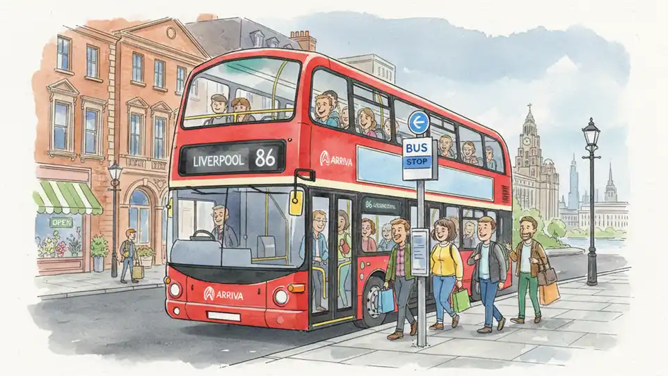 Liverpool bus at regular stop on normal route with passengers boarding