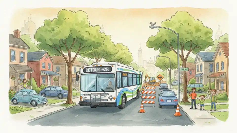 City transit bus on detour route traveling through residential street with road construction barriers visible in background