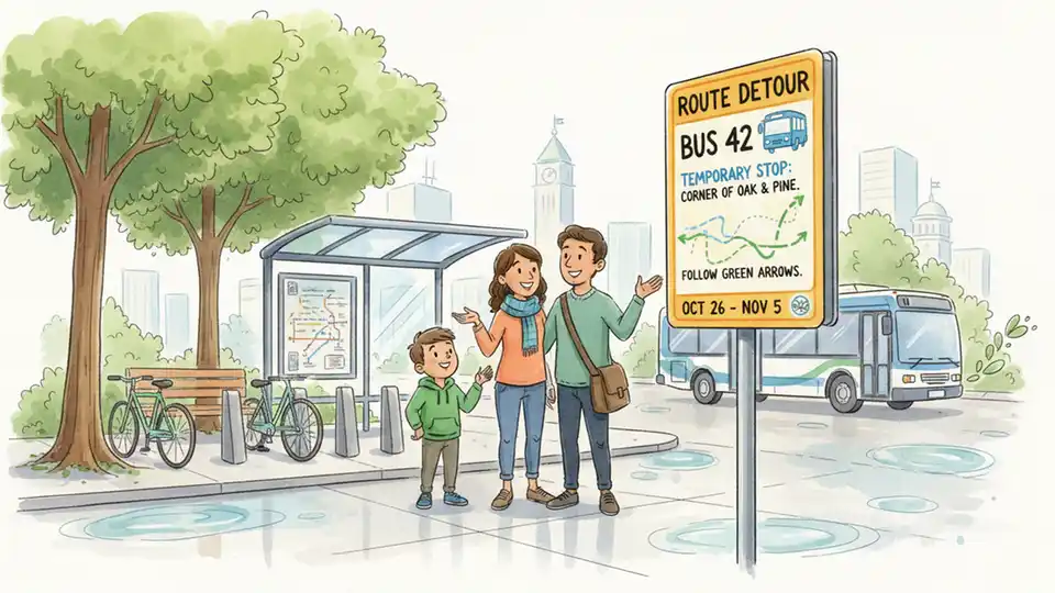 Bus route detour sign posted at transit stop with alternate route information displayed