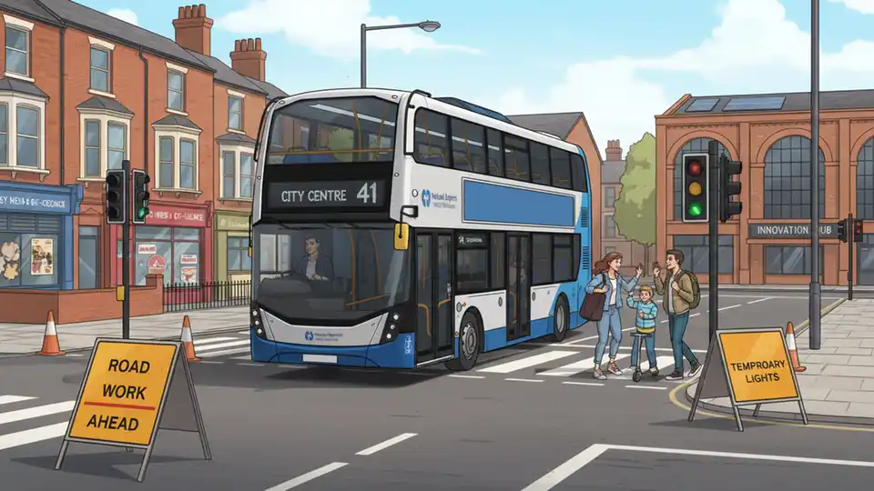 Bus route 41 vehicle at street junction in Tyesley with road work signs visible