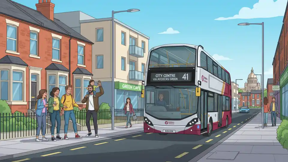 Birmingham bus service 41 on Coventry Road with residential buildings in background