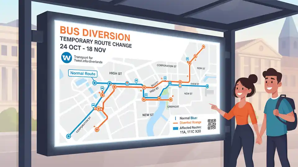 Bus route map showing detour with alternative streets highlighted, displaying typical urban transit diversion signage and wayfinding elements