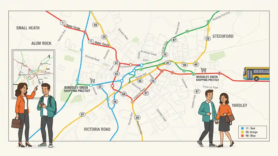 Birmingham bus route map showing street intersection with multiple roads converging near Bordesley Green area