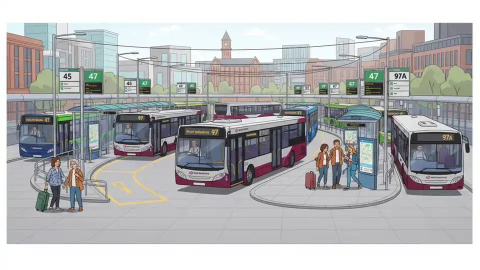 Birmingham bus interchange with multiple bus bays and route number signs showing services 45, 47, 97, and 97A