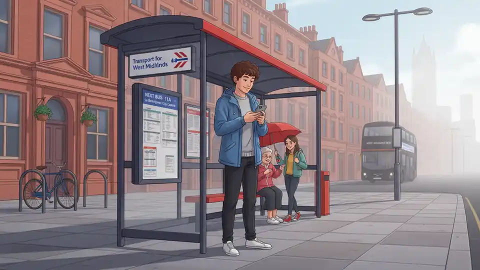 Transit rider checking bus route information on mobile device at bus stop