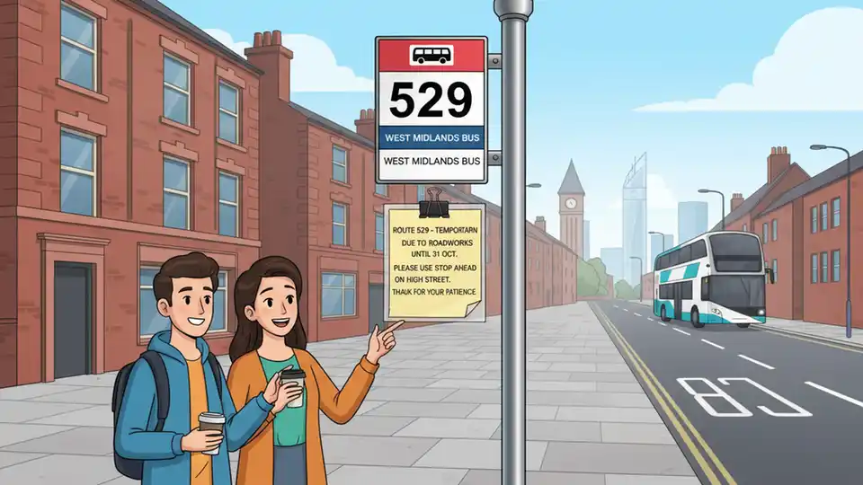 Bus stop sign for route 529 with detour notice posted