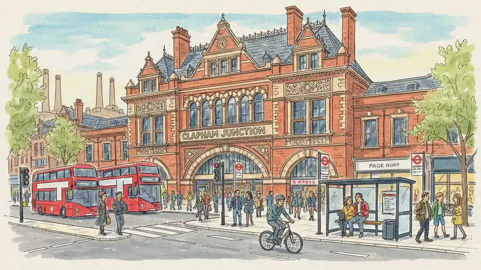 Clapham Junction railway station entrance with bus stops in foreground