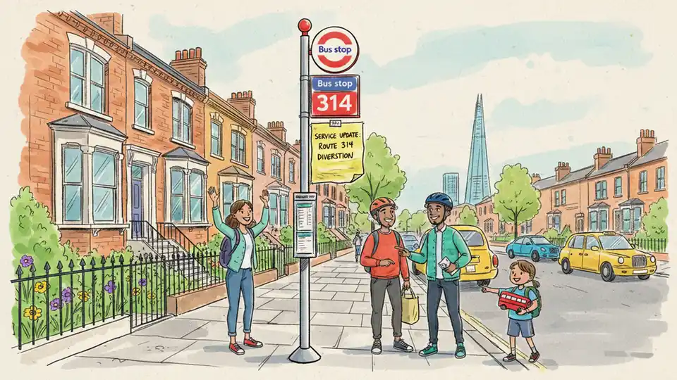 Bus stop sign for Route 314 with temporary service notice posted, residential London street scene