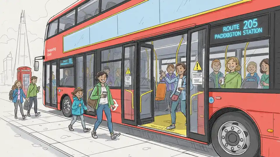 Transit bus center doors with passengers boarding, showing typical mid-vehicle entrance configuration