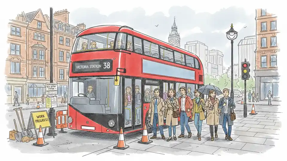 London bus at temporary stop with passengers boarding during station maintenance