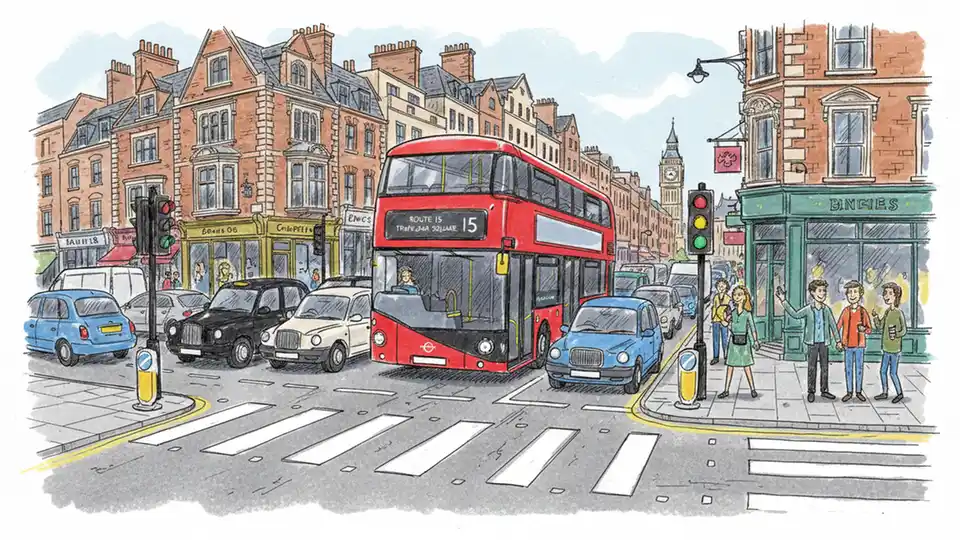 City bus navigating narrow street intersection with cars waiting, showing urban traffic management challenges and road congestion