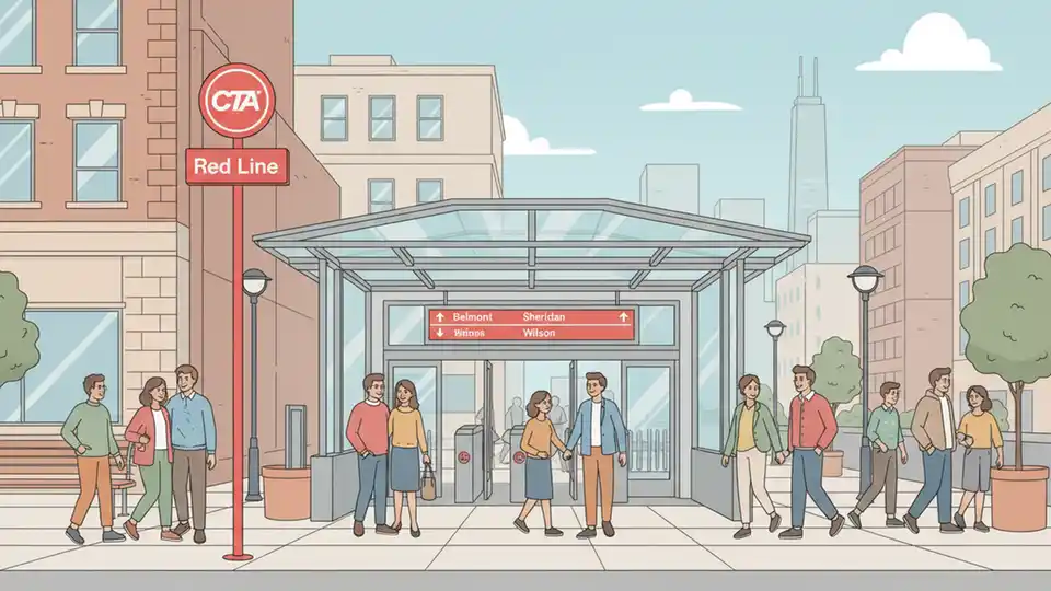 CTA Red Line station entrance with wayfinding signage showing Belmont, Sheridan and Wilson station names