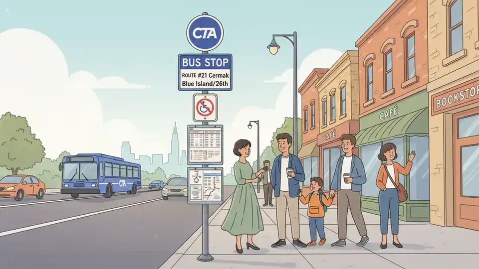 CTA bus stop sign on Cermak Road with route information and schedule posted